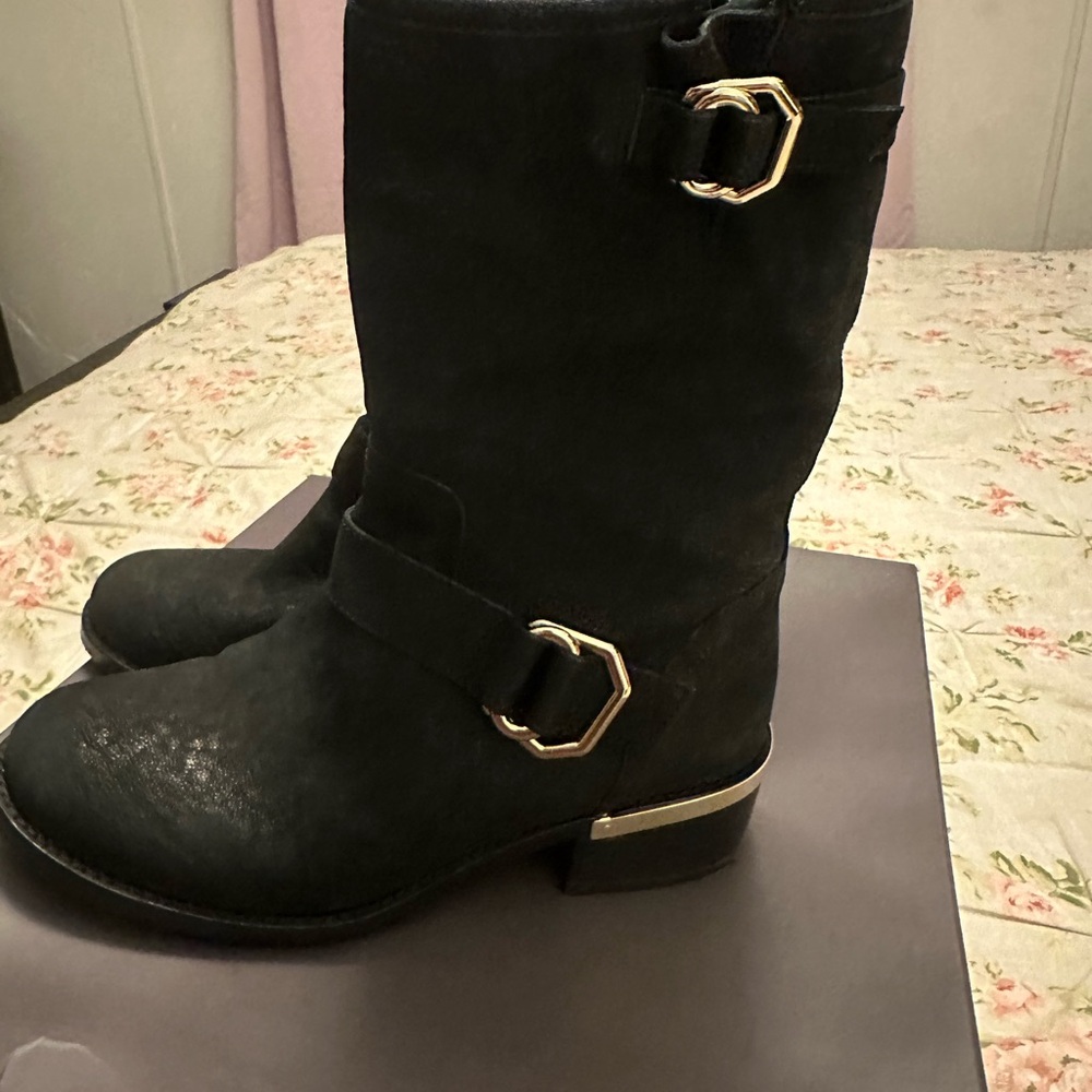 Vince Camuto Black Moto Boots with Buckle Detail